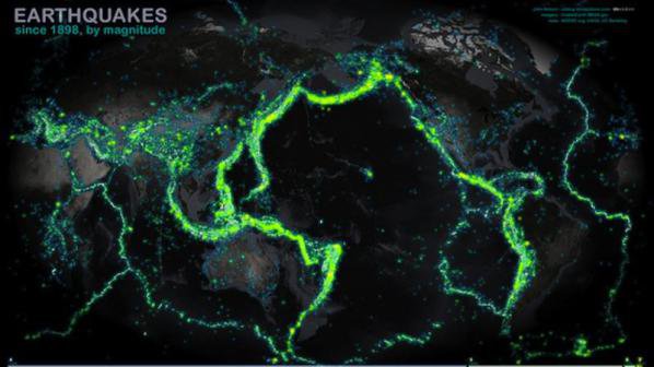 Карта показва земетресенията в света след 1898 година