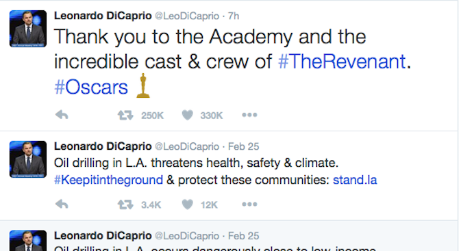 Рекорден брой съобщения в &quot;Туитър&quot; след &quot;Оскар&quot;-а за Леонардо ди Каприо