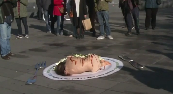 Гола активистка от PETA легна в центъра на Париж (видео)