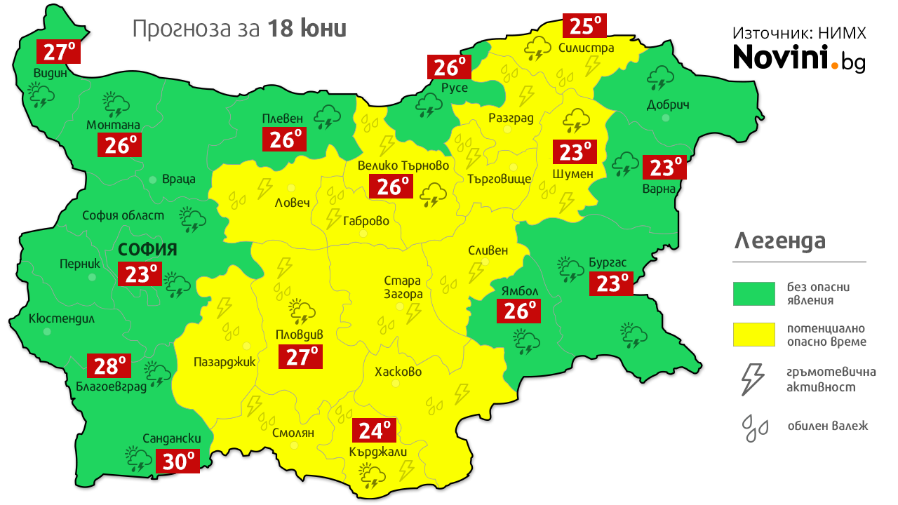 Жълт код за опасно време е издаден за 18 области