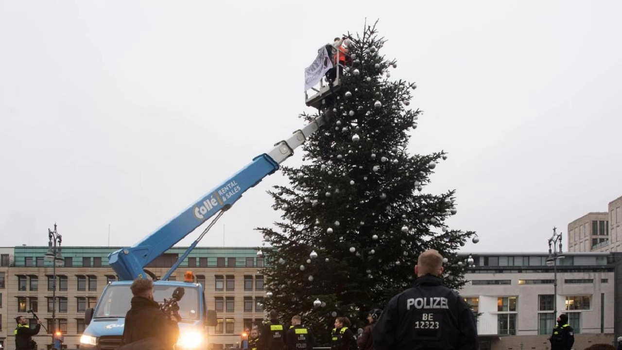 Екоактивисти отрязаха върха на коледното дърво пред Бранденбургската врата в