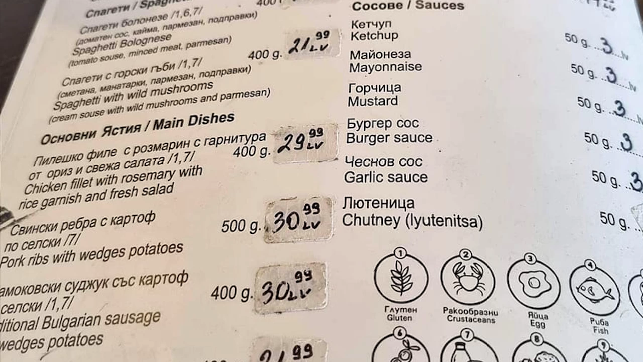 Снимка на цените в менюто на ресторант в Боровец разбуни