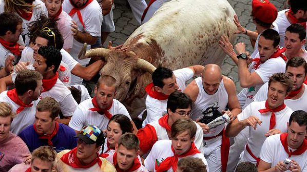 Надбягване с бикове по улиците на Памплона